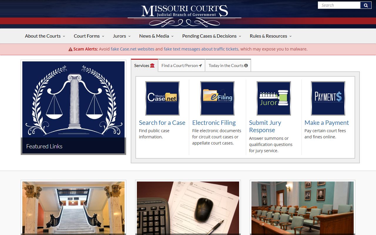 Missouri Judiciary homepage with statewide court access