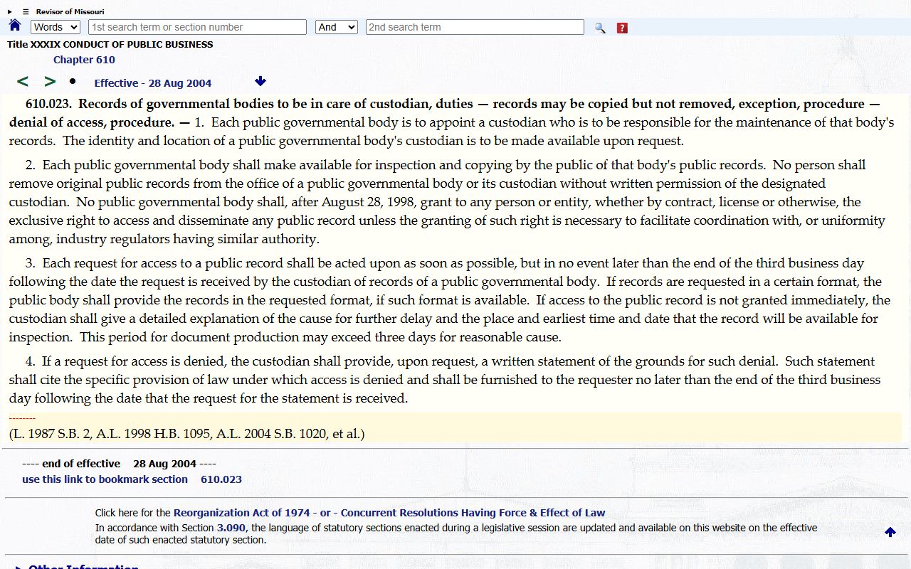 Missouri records request procedures statute for St. Charles County public records