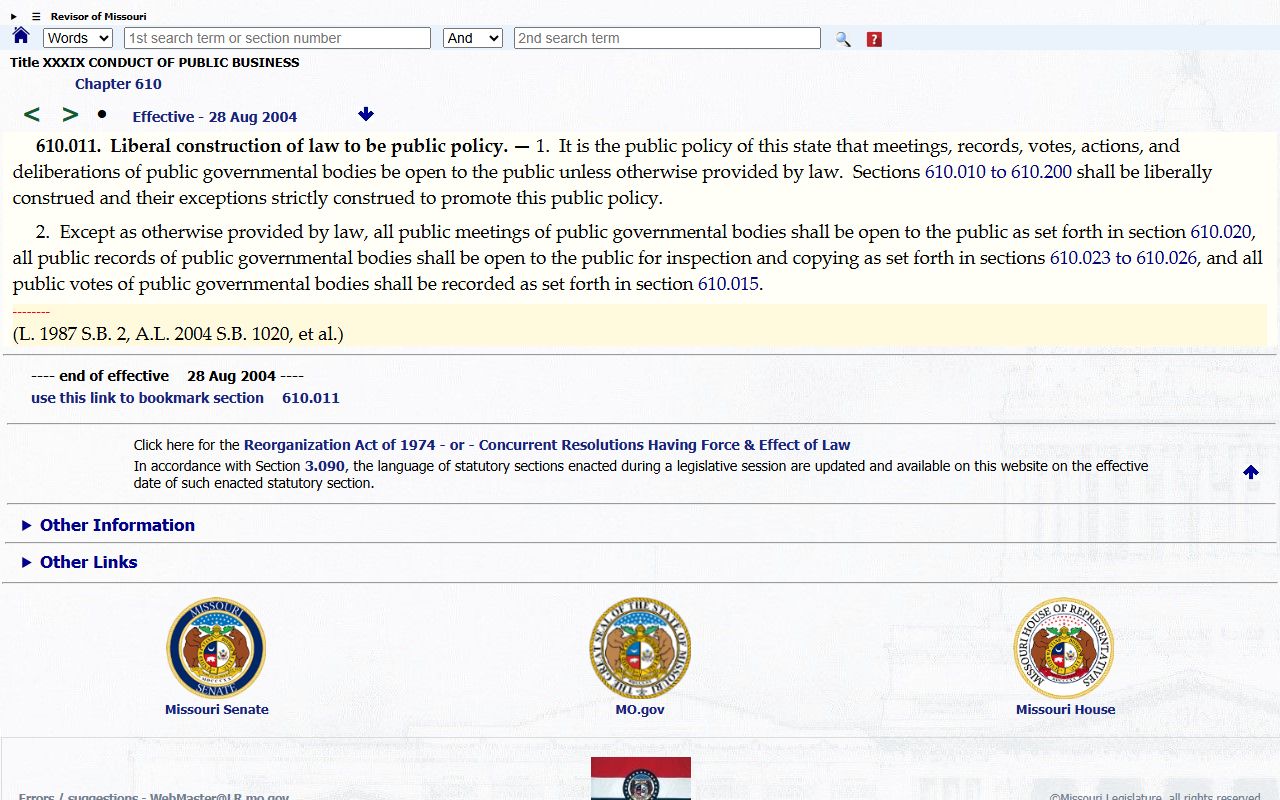 Missouri Sunshine Law policy statute for St. Charles County public records