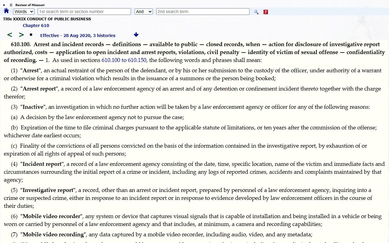 Missouri law enforcement records statute RSMo 610.100 for St. Charles County warrants
